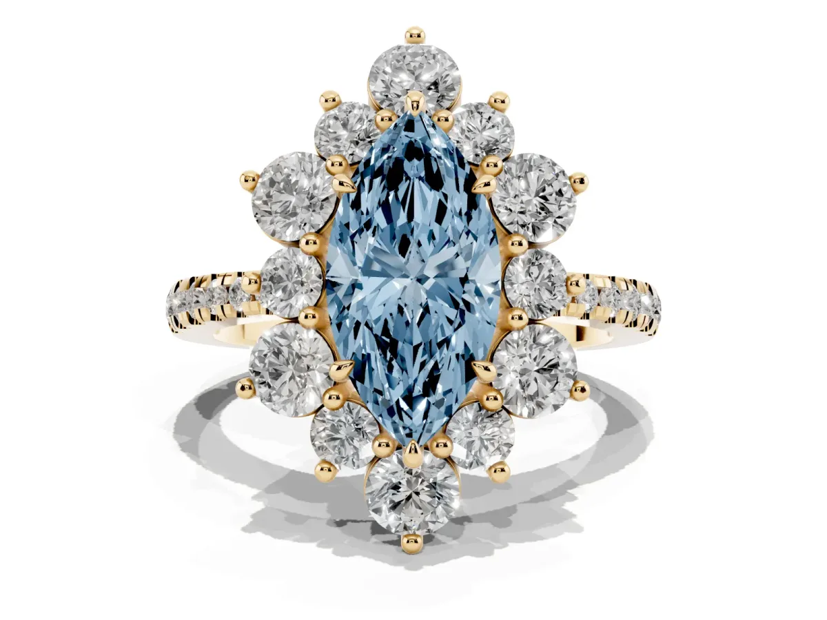 Fancy Blue Marquise Cut Diamond Floral Halo Ring with Round Pavé Band and Prong Setting Yellow gold