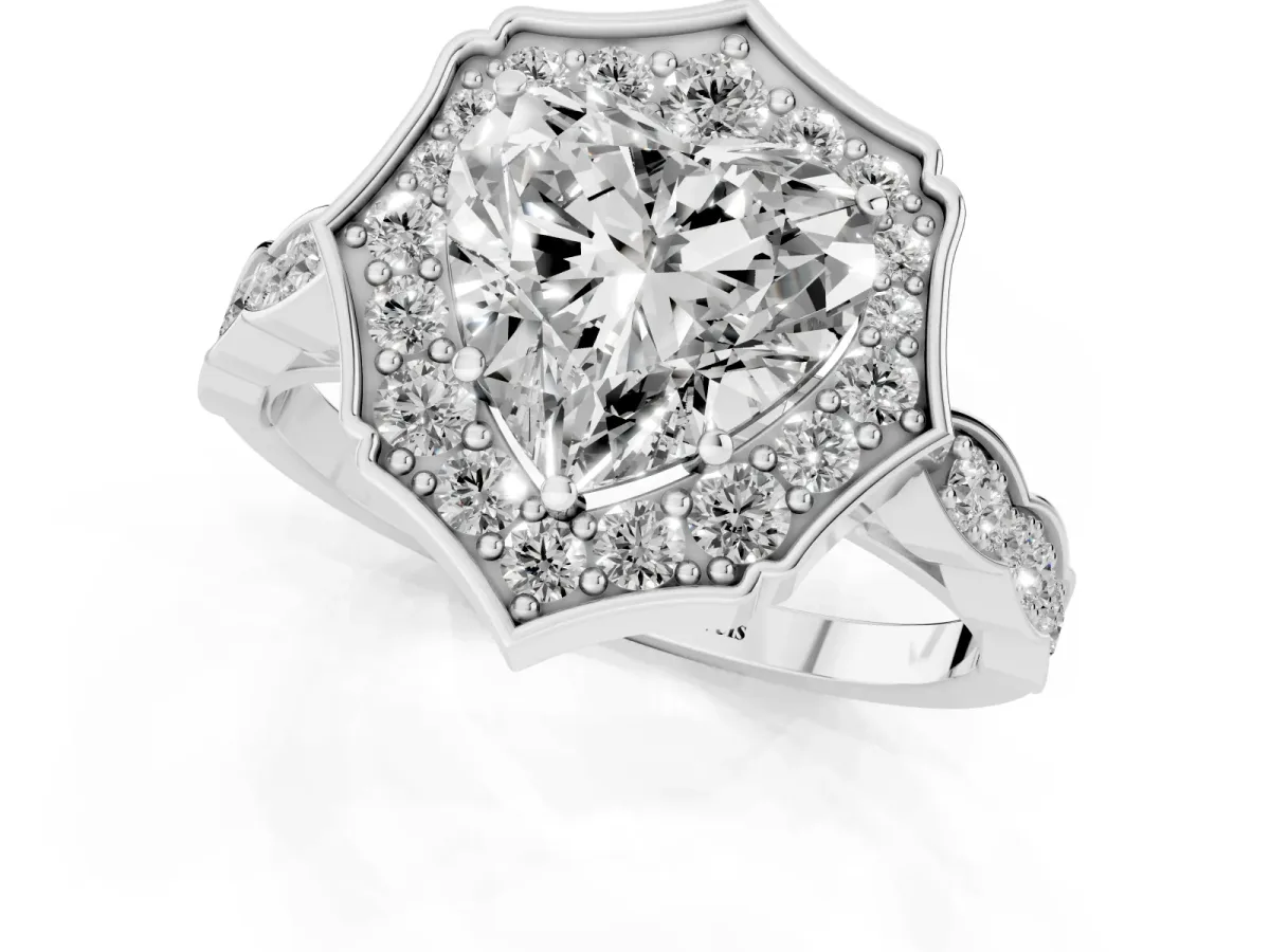 Heart Cut Halo Diamond Engagement Ring with Milgrain Band and Four-Prong Setting White gold
