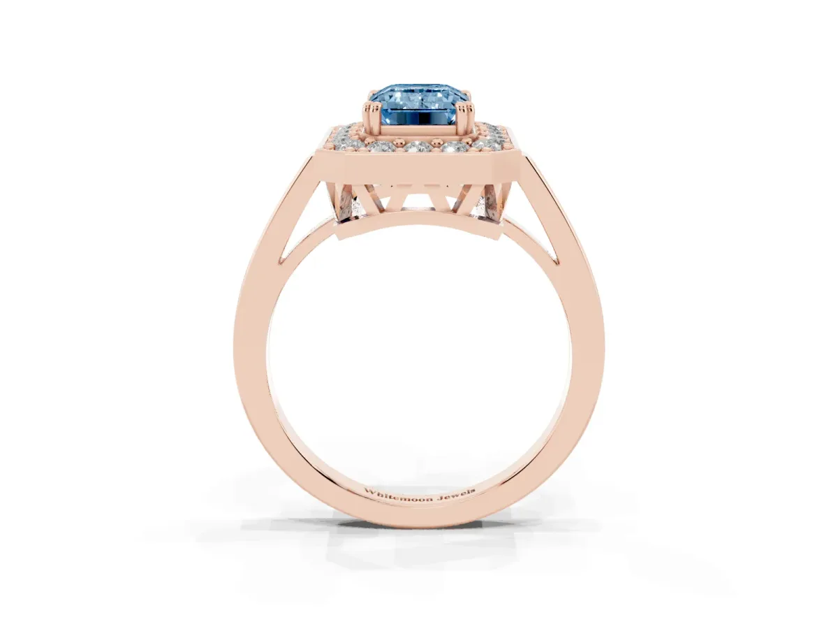 Fancy Blue Emerald Cut Diamond Halo Ring with Split Shank and Four-Prong Setting Rose gold