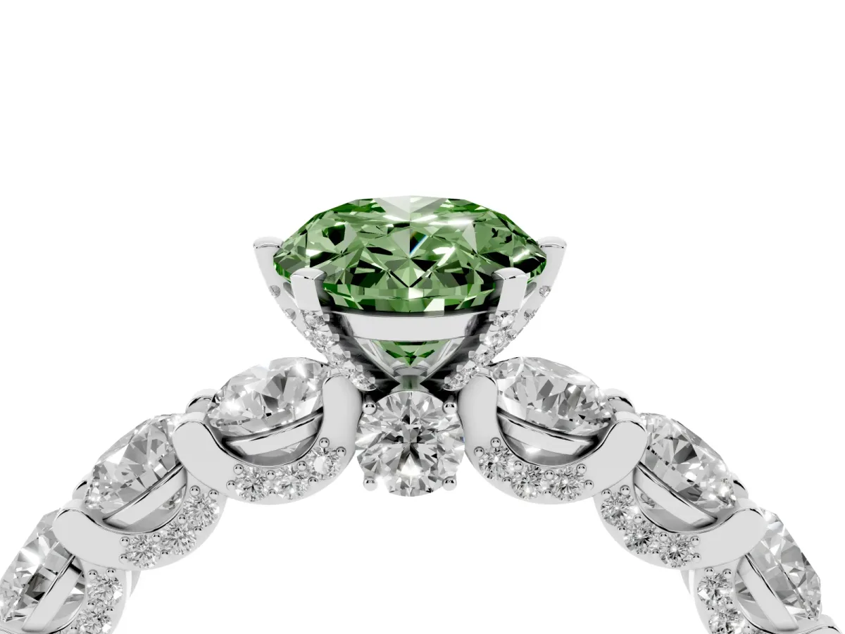 Fancy Green Oval Cut Diamond Side Stone Engagement Ring with Four-Prong Setting Silver