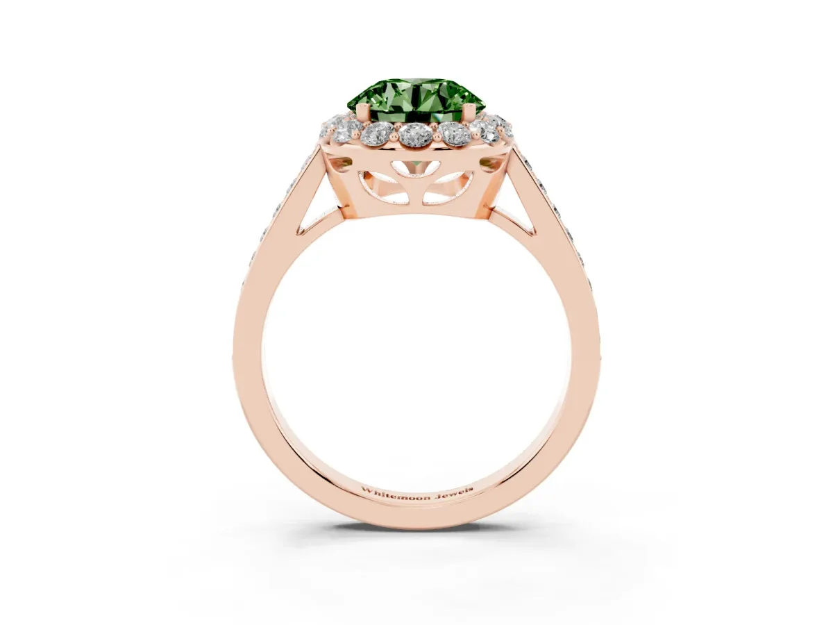 Fancy Green Round Cut Diamond Floral Halo Ring with Pavé Band and Prong Setting Rose gold