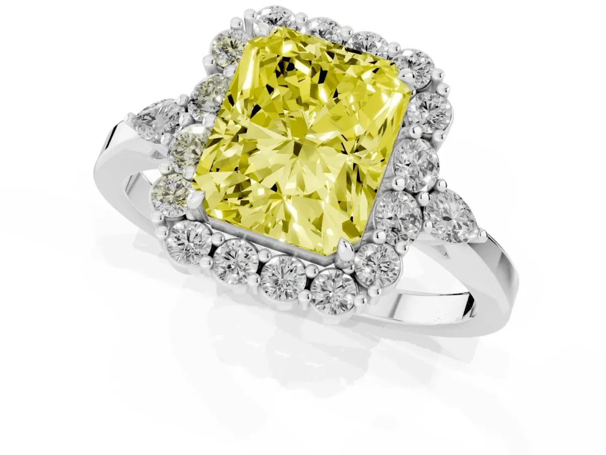 Fancy Yellow Radiant Cut Diamond Halo Ring with Pear Side Stones and Prong Setting Silver