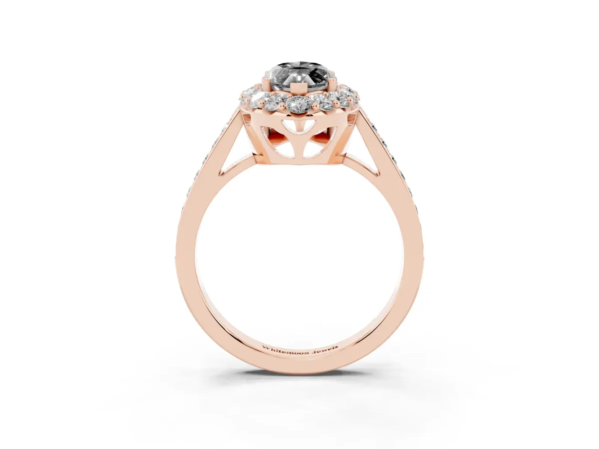 Fancy Black Marquise Cut Diamond Floral Halo Ring with Pavé Band and Prong Setting Rose gold
