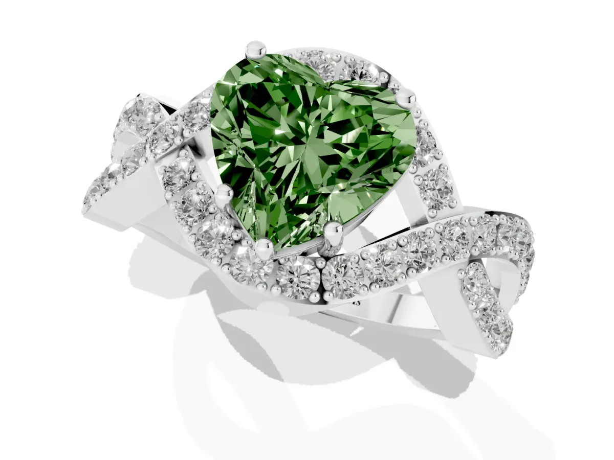 Fancy Green Heart Cut Solitaire Twist Band Pavé Diamond Engagement Ring Silver
