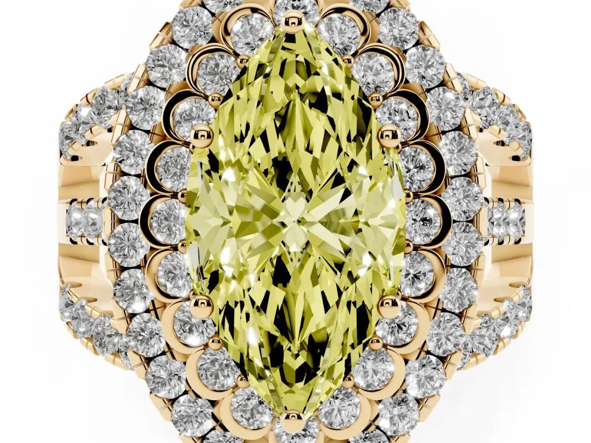 Fancy Yellow Marquise Cut Diamond Double Halo Ring with Round Pavé Split Shank and Prong Setting Yellow gold