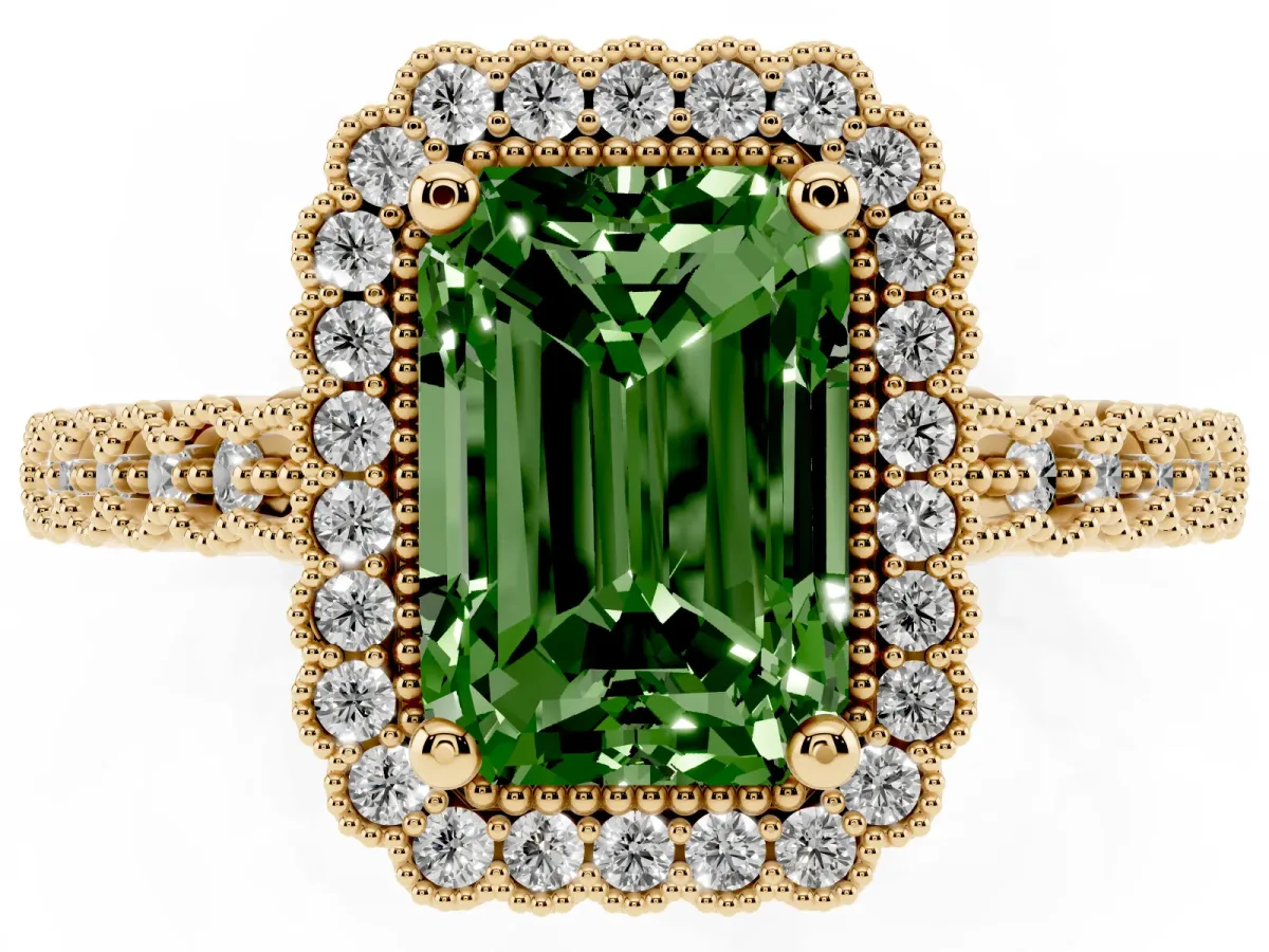 Fancy Green Radiant Cut Cut Halo Pavé Solitaire Ring with Milgrain Band Yellow gold