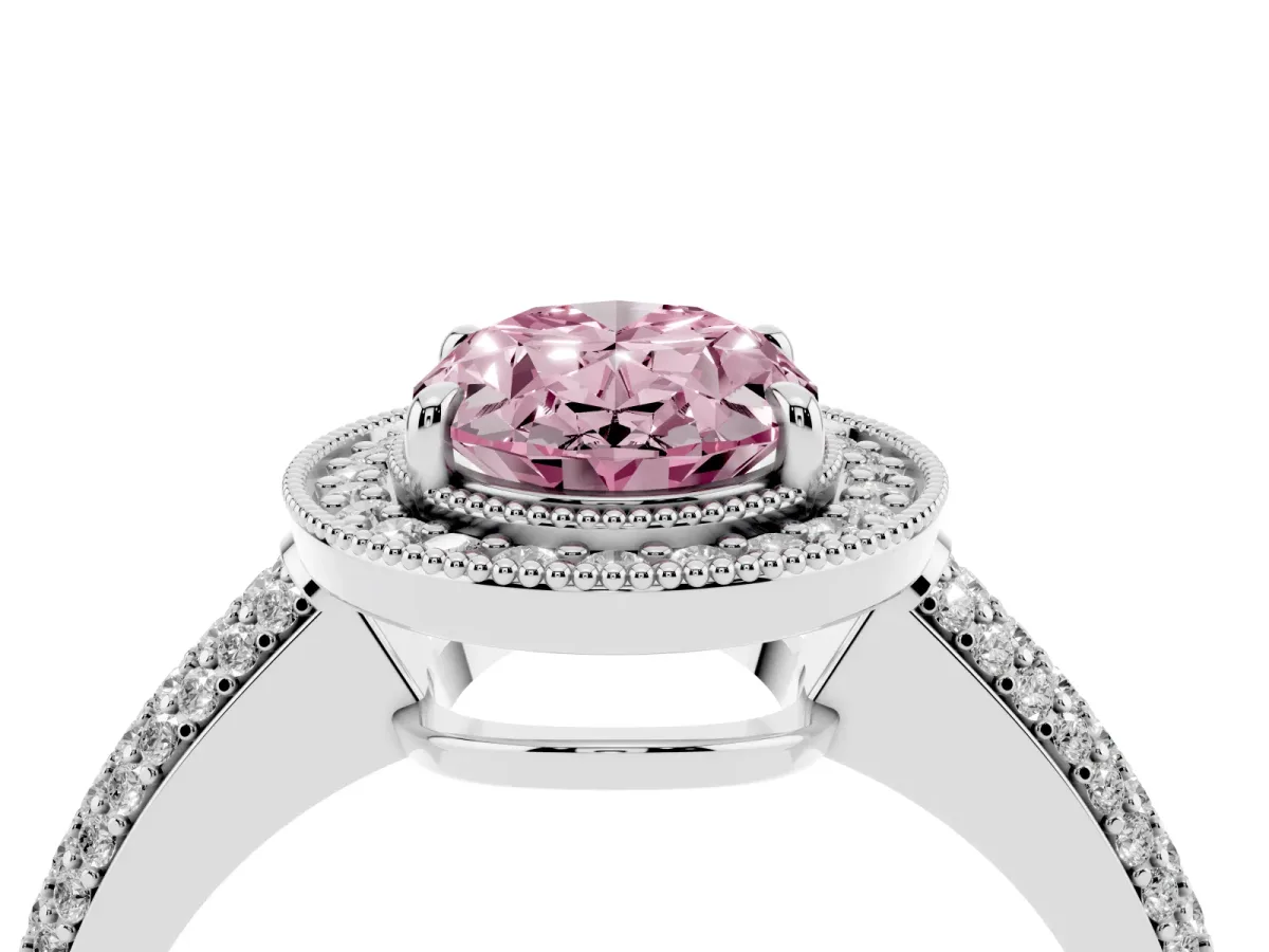 Fancy Pink Oval Cut Cut Halo Diamond Pave Band with Four-Prong Setting Silver