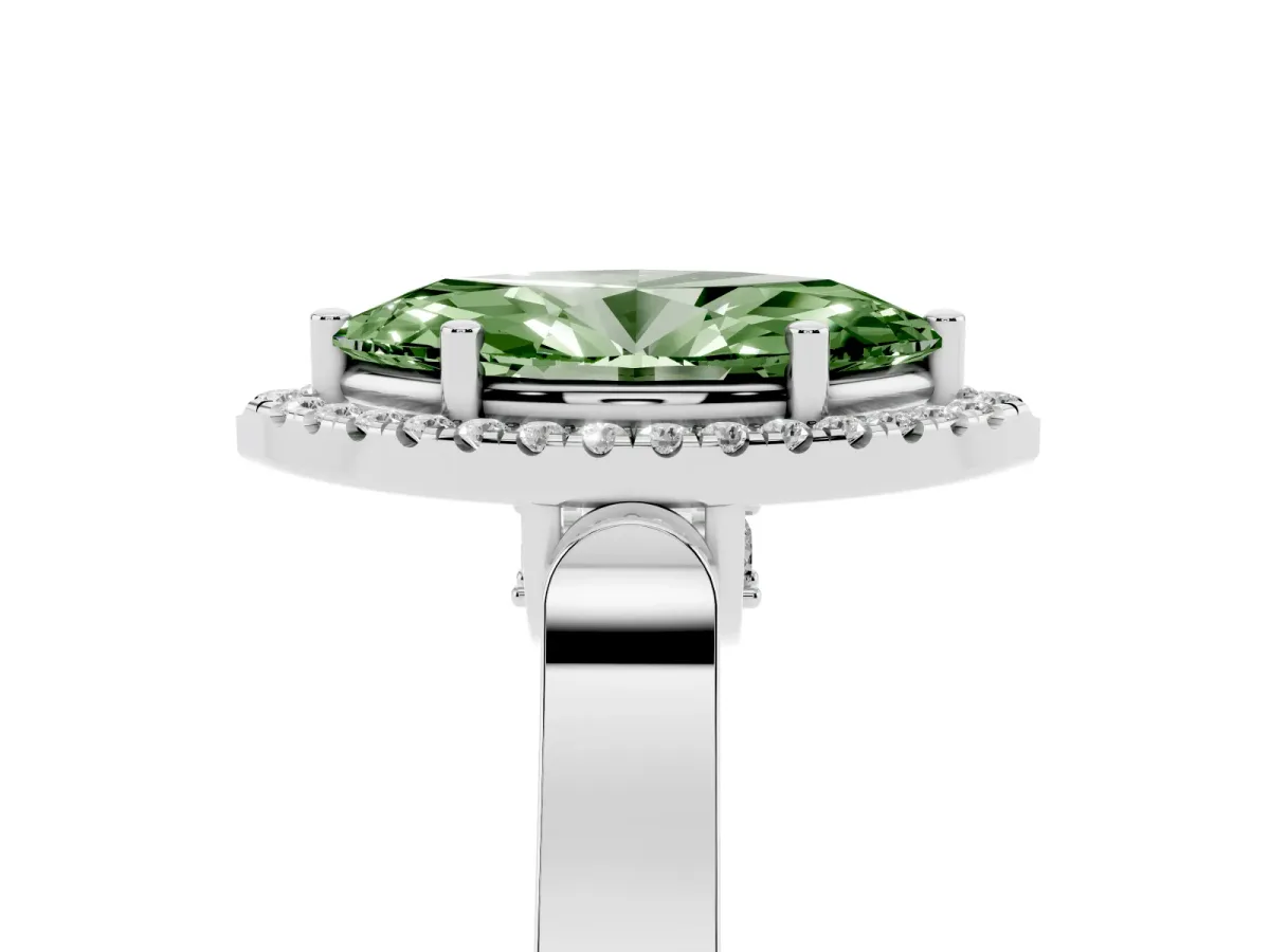 Fancy Green Marquise Cut Halo Round Diamond Twist Band with Four-Prong Setting White gold
