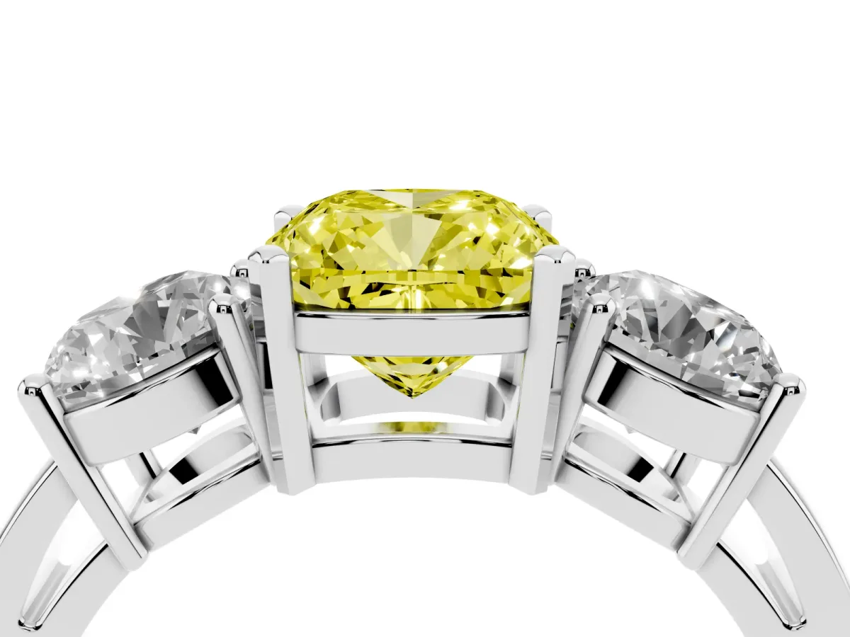 Fancy Yellow Three-Stone Cushion Cut Diamond Ring with Round Side Stones, Classic Band, and Four-Prong Setting Silver