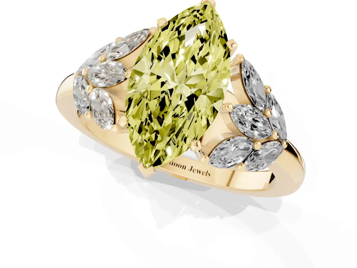 Fancy Yellow Marquise Cut Diamond Cluster Leaf Design Ring with Prong Setting Yellow gold