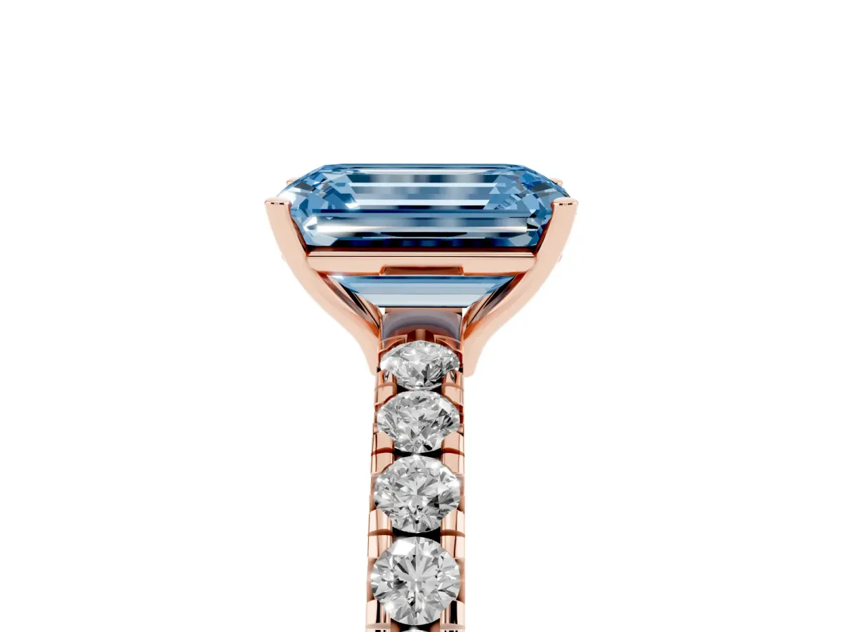 Fancy Blue Emerald Cut Diamond Pavé Solitaire Engagement Ring with Four-Prong Setting Rose gold