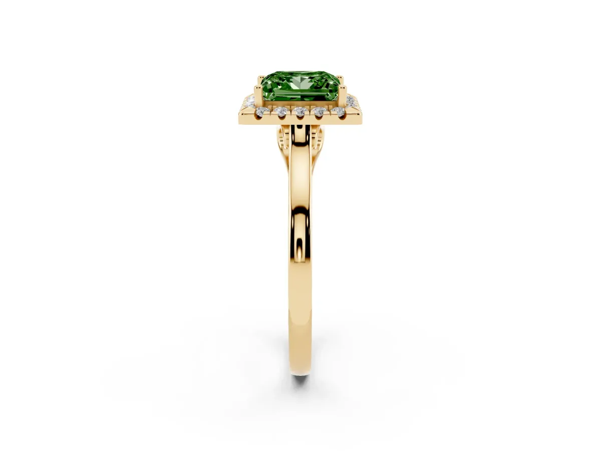 Fancy Green Princess Cut Halo Round Diamond Solitaire Ring with Pavé Band and Four-Prong Setting Yellow gold