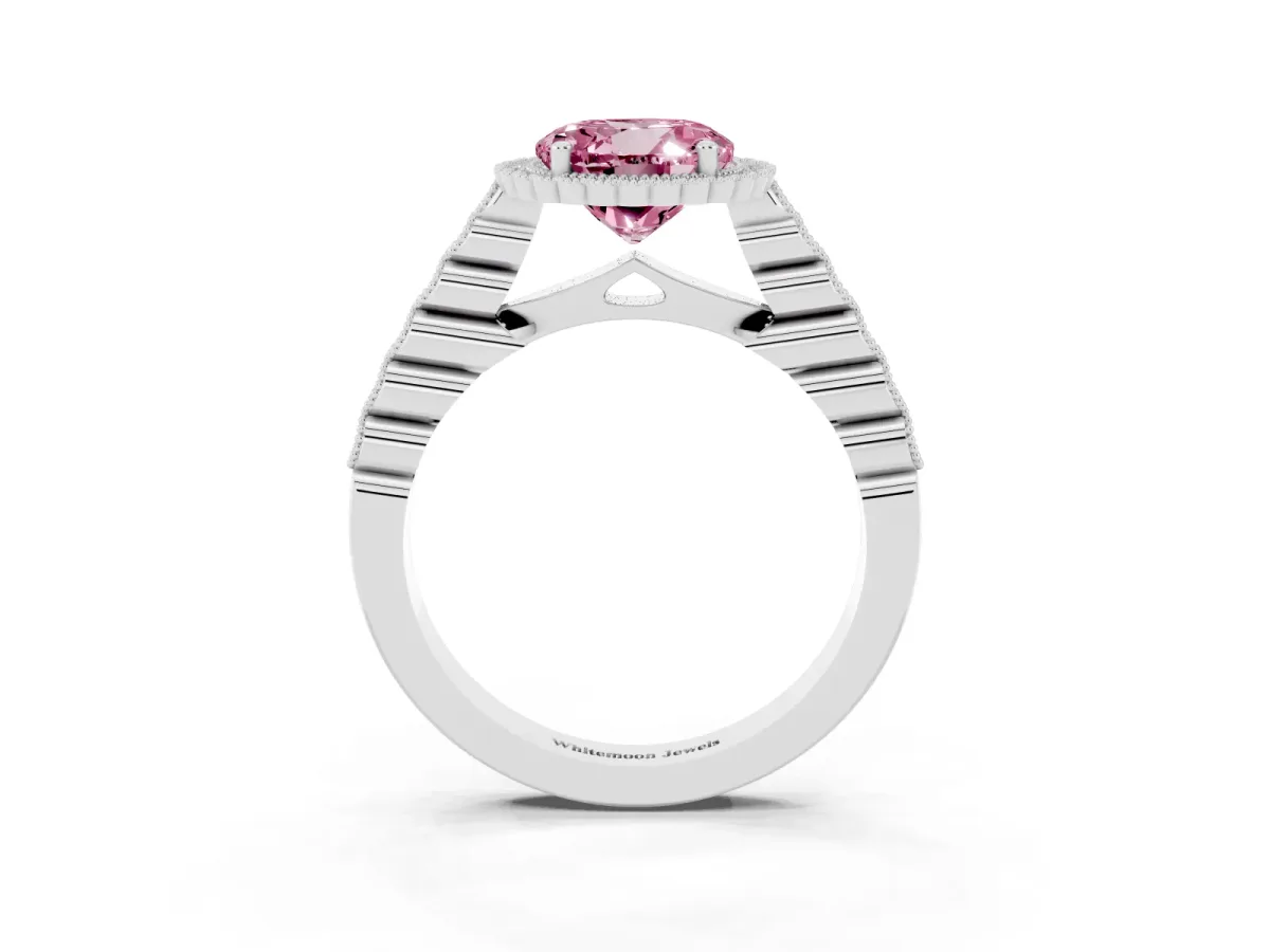 Fancy Pink Round Cut Cut Halo Pavé Solitaire Ring with Milgrain Band Platinum