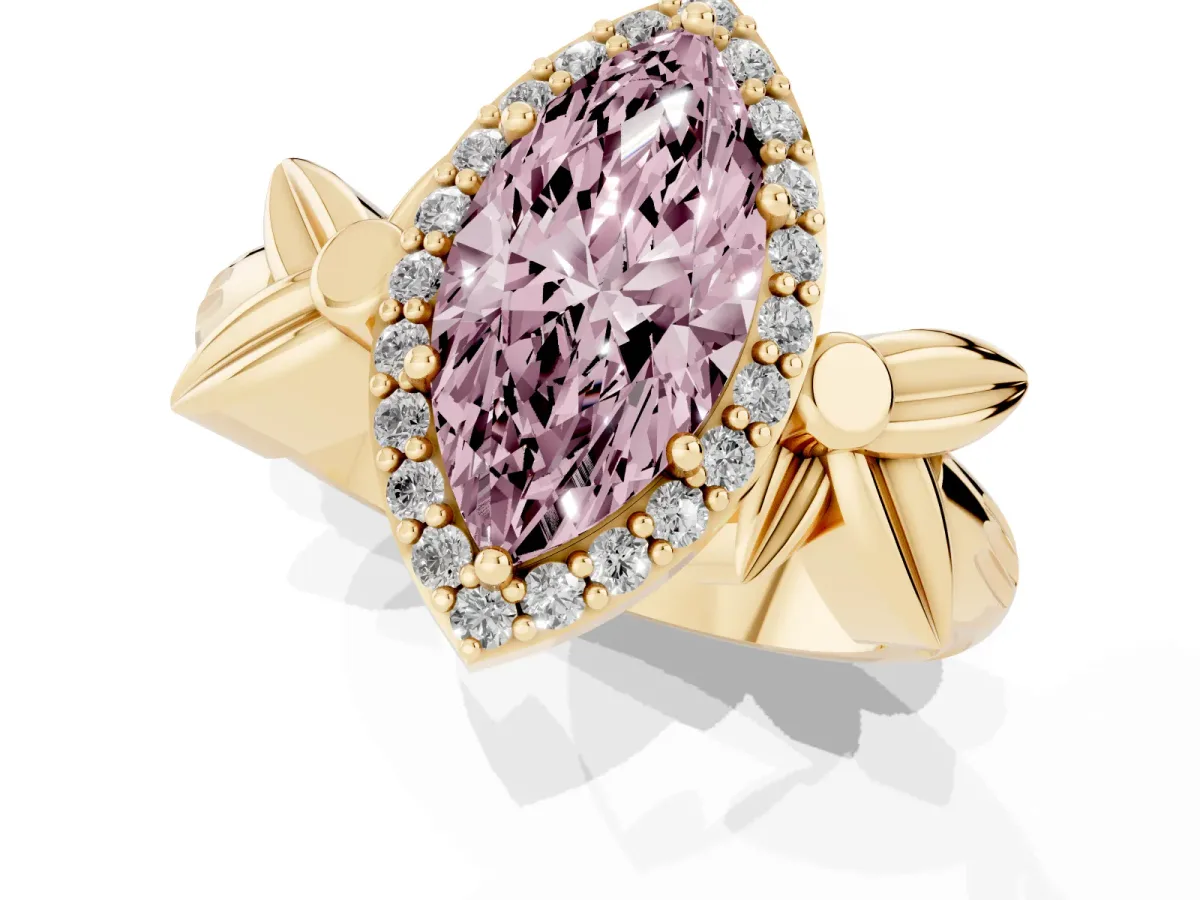 Fancy Pink Marquise Cut Halo Diamond Floral Band with Four-Prong Setting Yellow gold