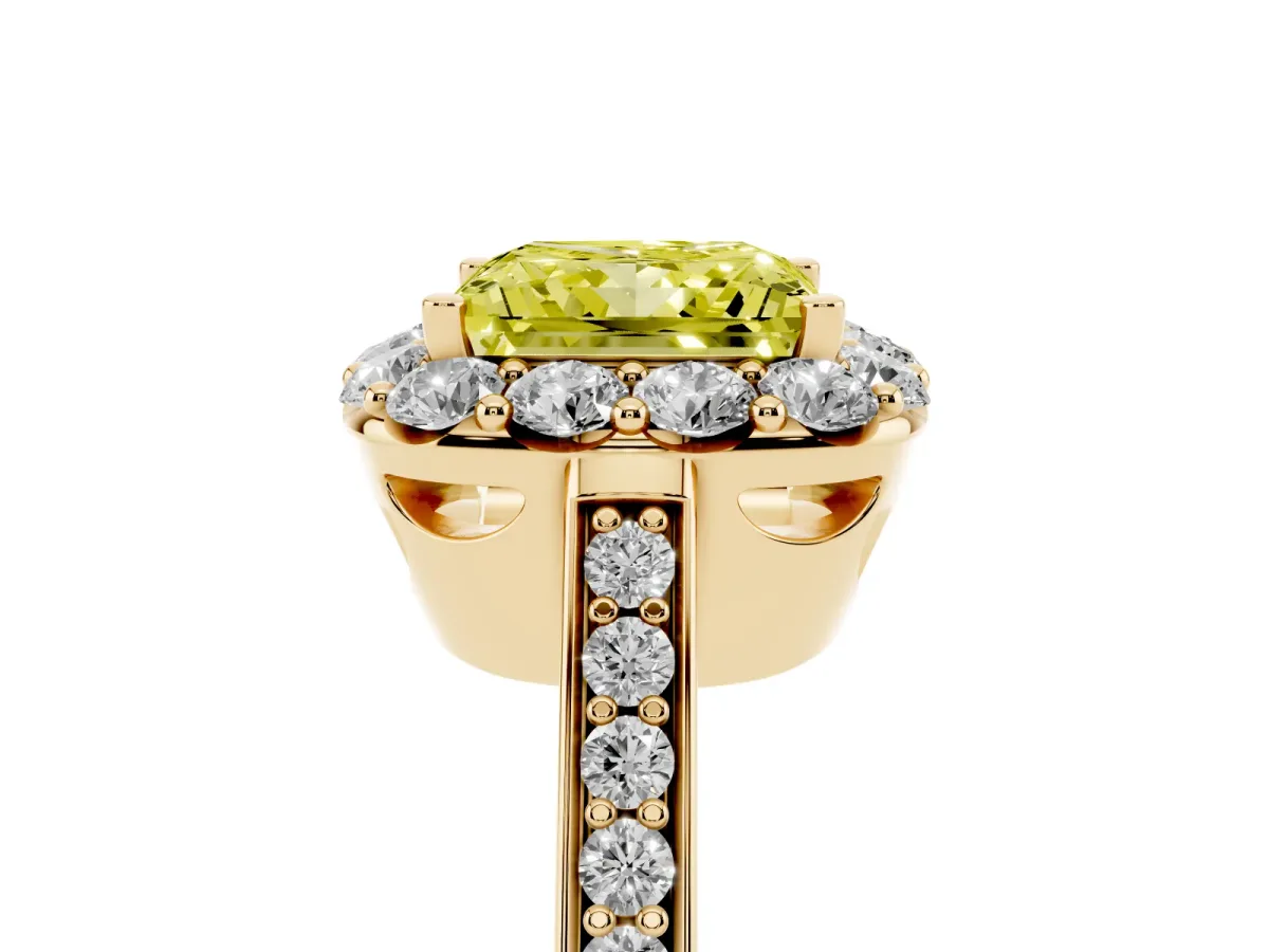 Fancy Yellow Princess Cut Diamond Floral Halo Ring with Pavé Band and Prong Setting Yellow gold