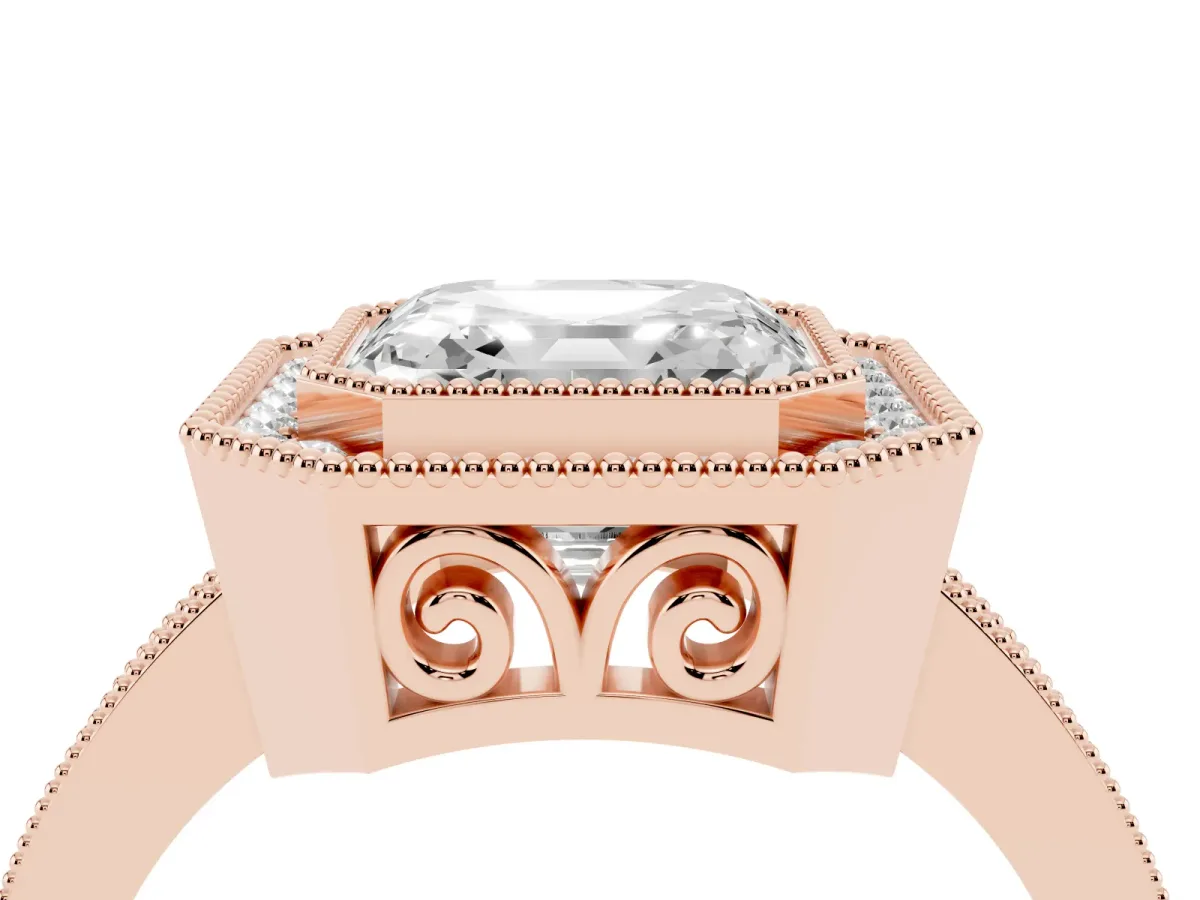Asscher Cut Cut Halo Diamond Ring with Pavé Band and Milgrain Prong Setting Rose gold