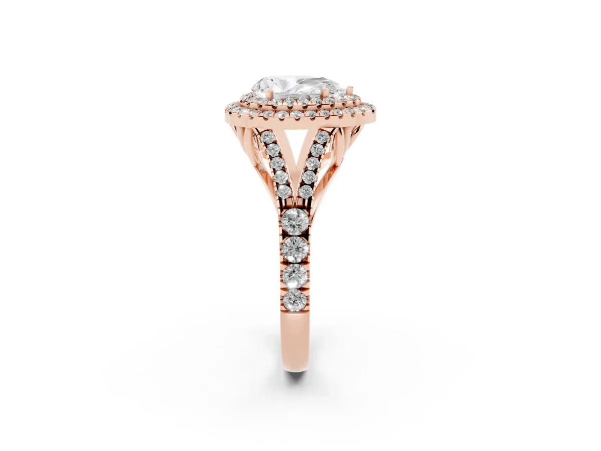 Pear Cut Diamond Double Halo Ring with Split Shank and Prong Setting Rose gold