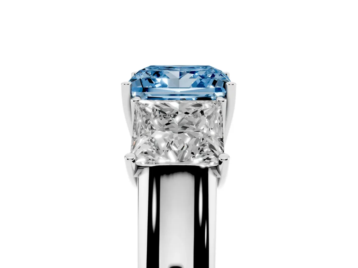 Fancy Blue Three-Stone Princess Cut Cut Diamond Ring with Prong Setting and Classic Band Silver