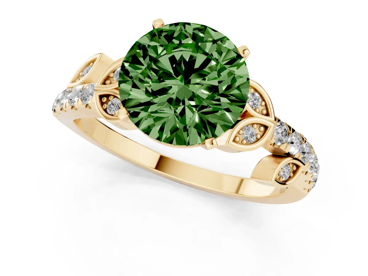 Fancy Green Round Cut Solitaire Leaf-Inspired Diamond Ring with Pavé Band and Four-Prong Setting Yellow gold