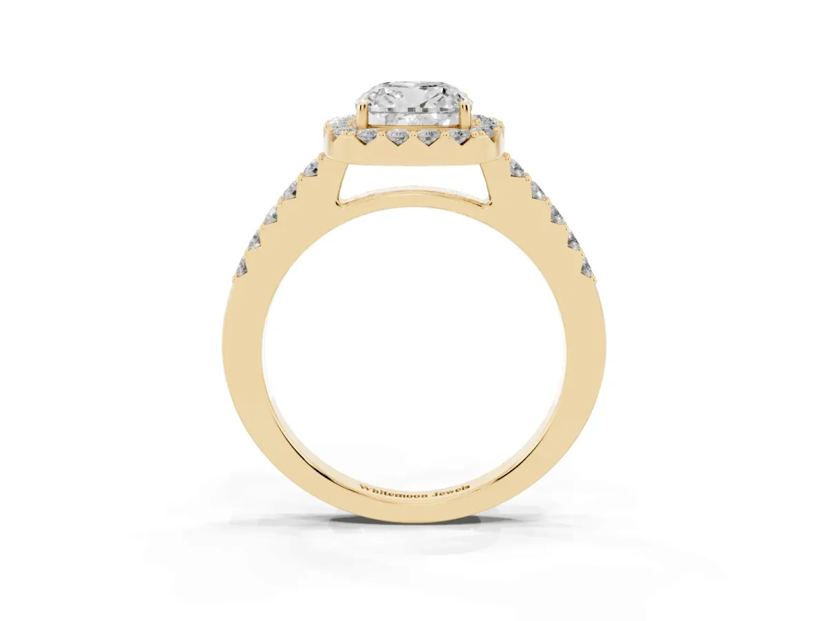 Cushion Cut Halo Diamond Pavé Solitaire Ring Yellow gold