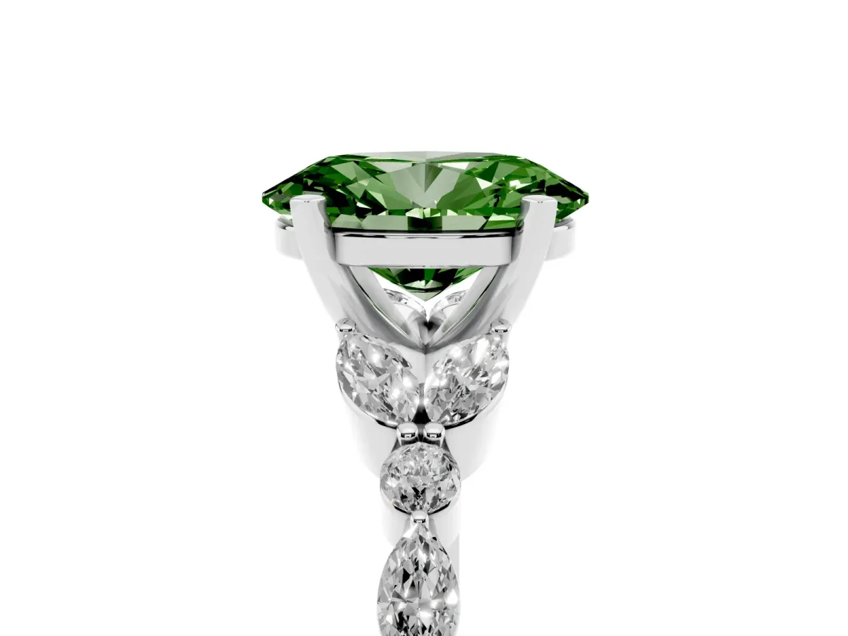 Fancy Green Oval Cut Diamond Solitaire Ring with Side Stones and Four-Prong Setting Silver