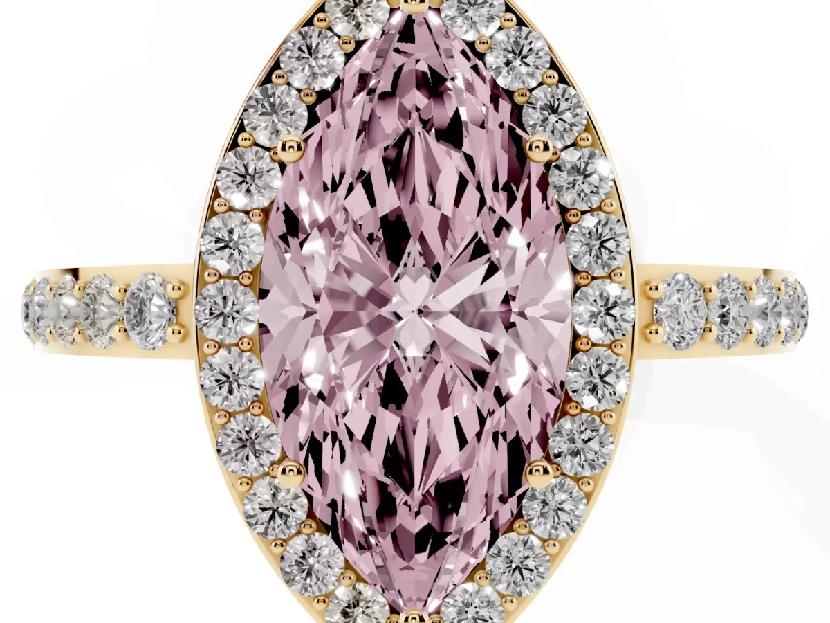 Fancy Pink Marquise Cut Halo Diamond Pavé Band Ring with Prong Setting Yellow gold