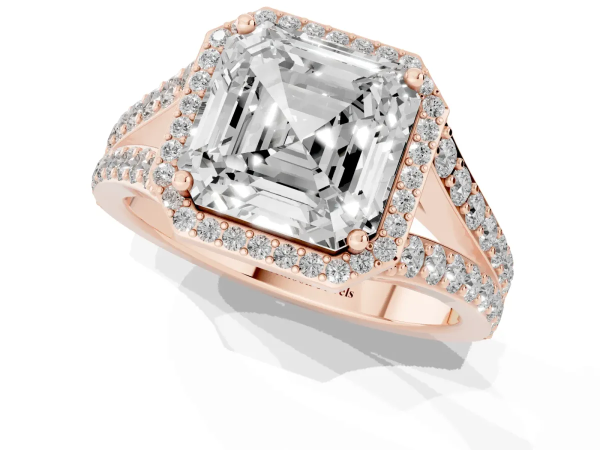 Asscher Cut Diamond Split Shank Halo Ring with Four-Prong Setting Rose gold