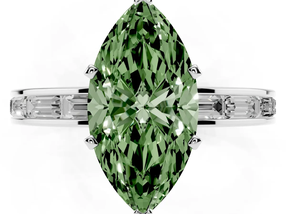Fancy Green Marquise Cut Solitaire Diamond Ring with Channel-Set Baguette Band and Four-Prong Setting White gold