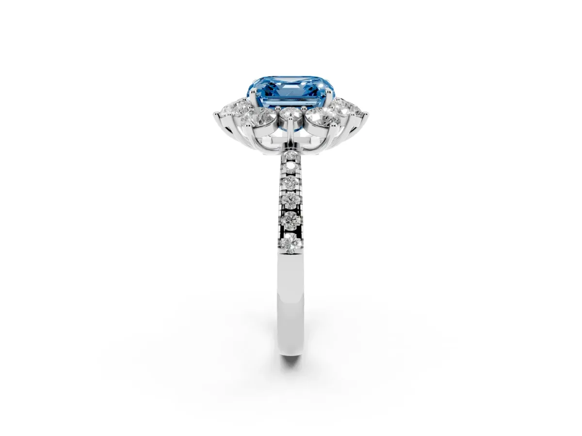 Fancy Blue Asscher Cut Diamond Floral Halo Ring with Round Pavé Band and Prong Setting Platinum
