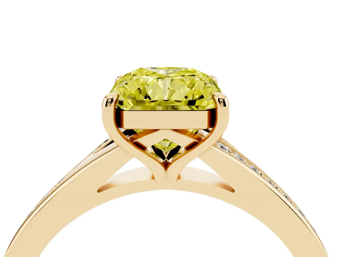 Fancy Yellow Radiant Cut Diamond Solitaire Ring with Pavé Band and Prong Setting Yellow gold