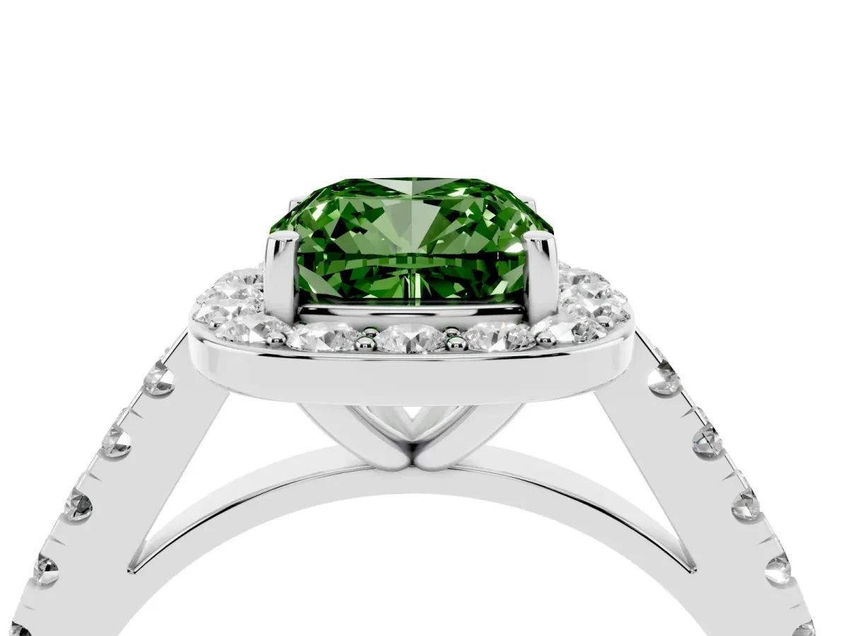 Fancy Green Cushion Cut Diamond Halo Ring with Round Pavé Split Shank and Prong Setting Silver
