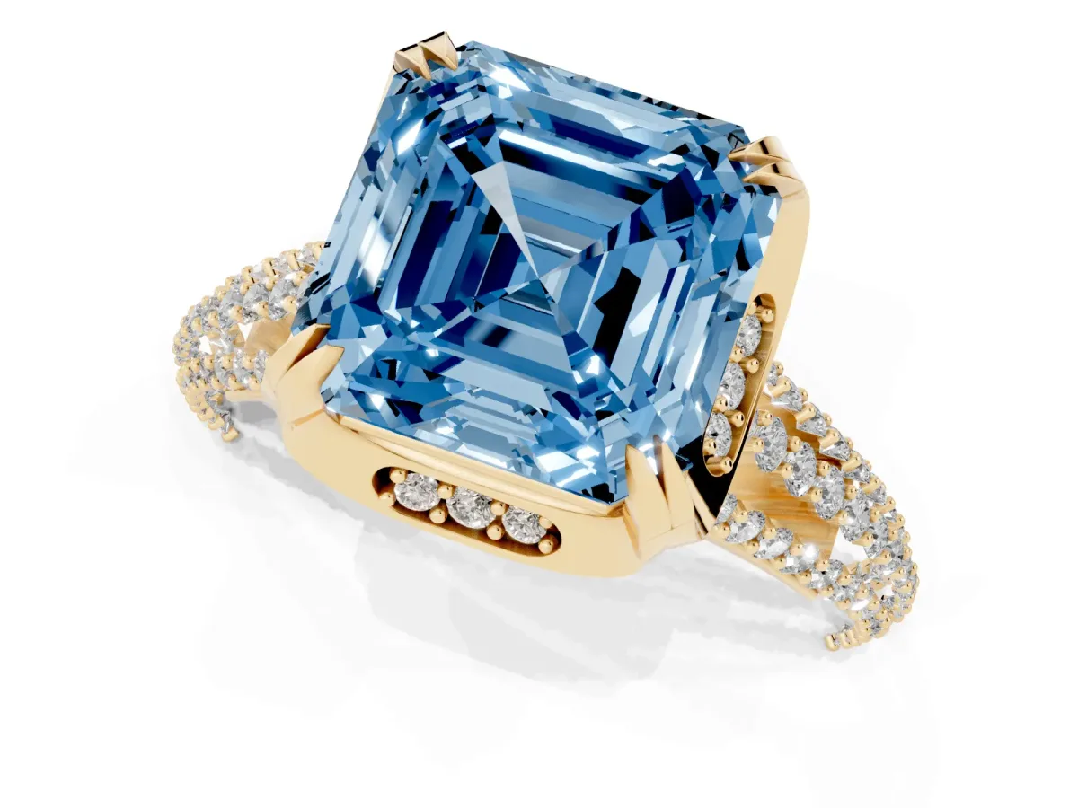 Fancy Blue Asscher Cut Solitaire Pave Split Shank Ring with Four-Prong Setting Yellow gold