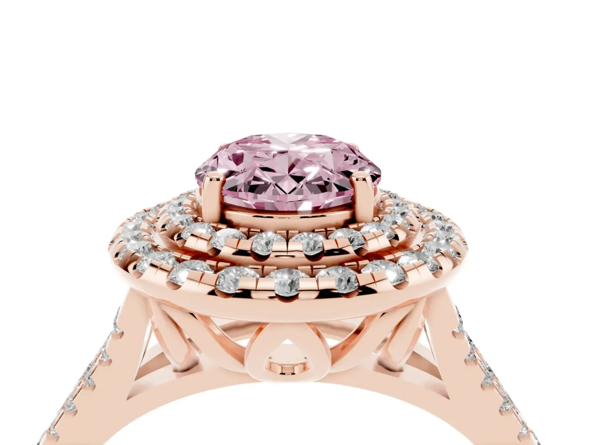 Fancy Pink Double Halo Oval Cut Diamond Pavé Split Shank Ring with Prong Setting Rose gold