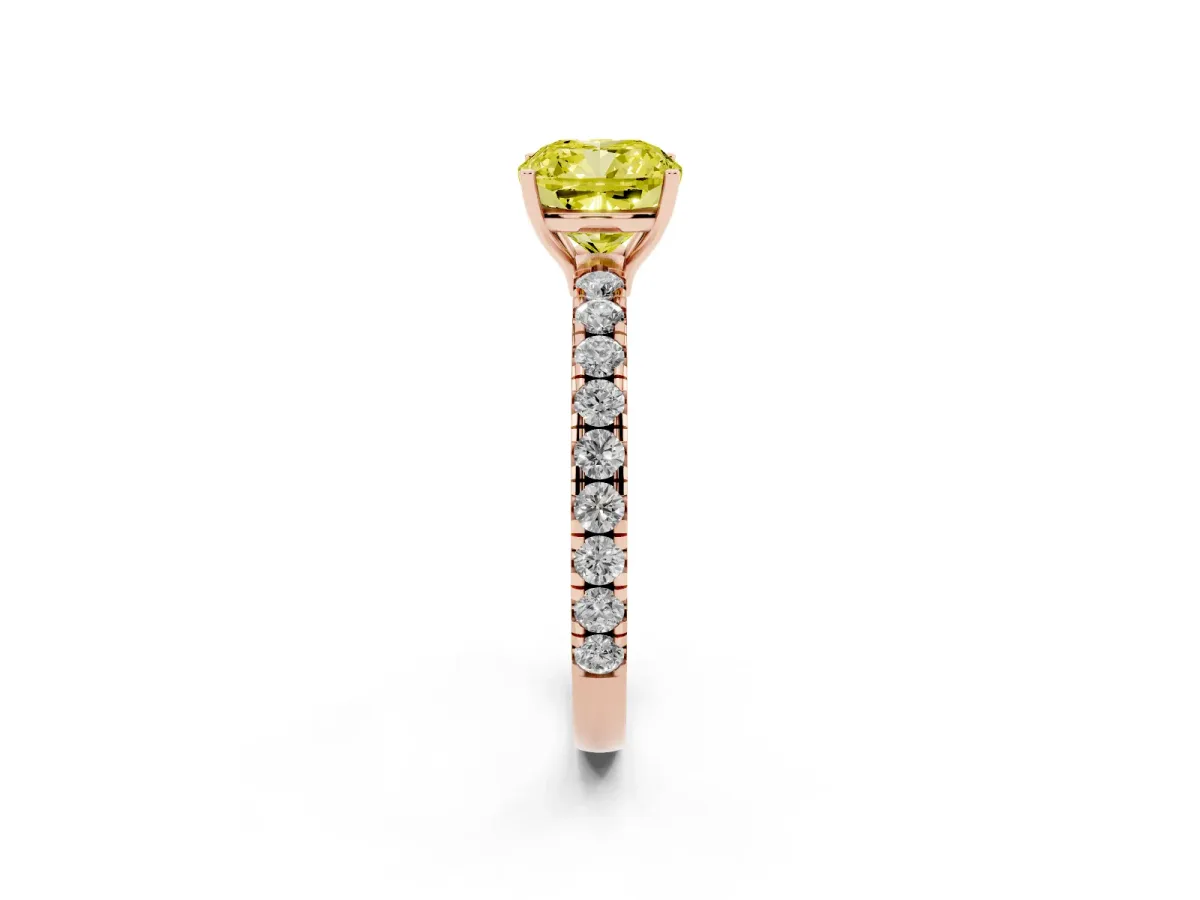 Fancy Yellow Cushion Cut Diamond Pavé Solitaire Engagement Ring with Four-Prong Setting Rose gold