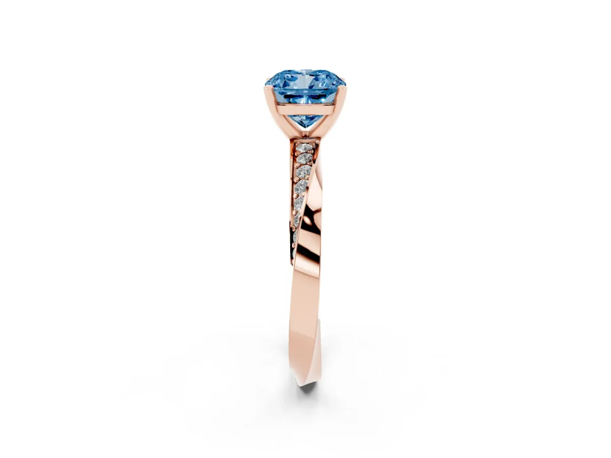 Fancy Blue Cushion Cut Diamond Engagement Ring with Side Stone Accents and Four-Prong Setting Rose gold