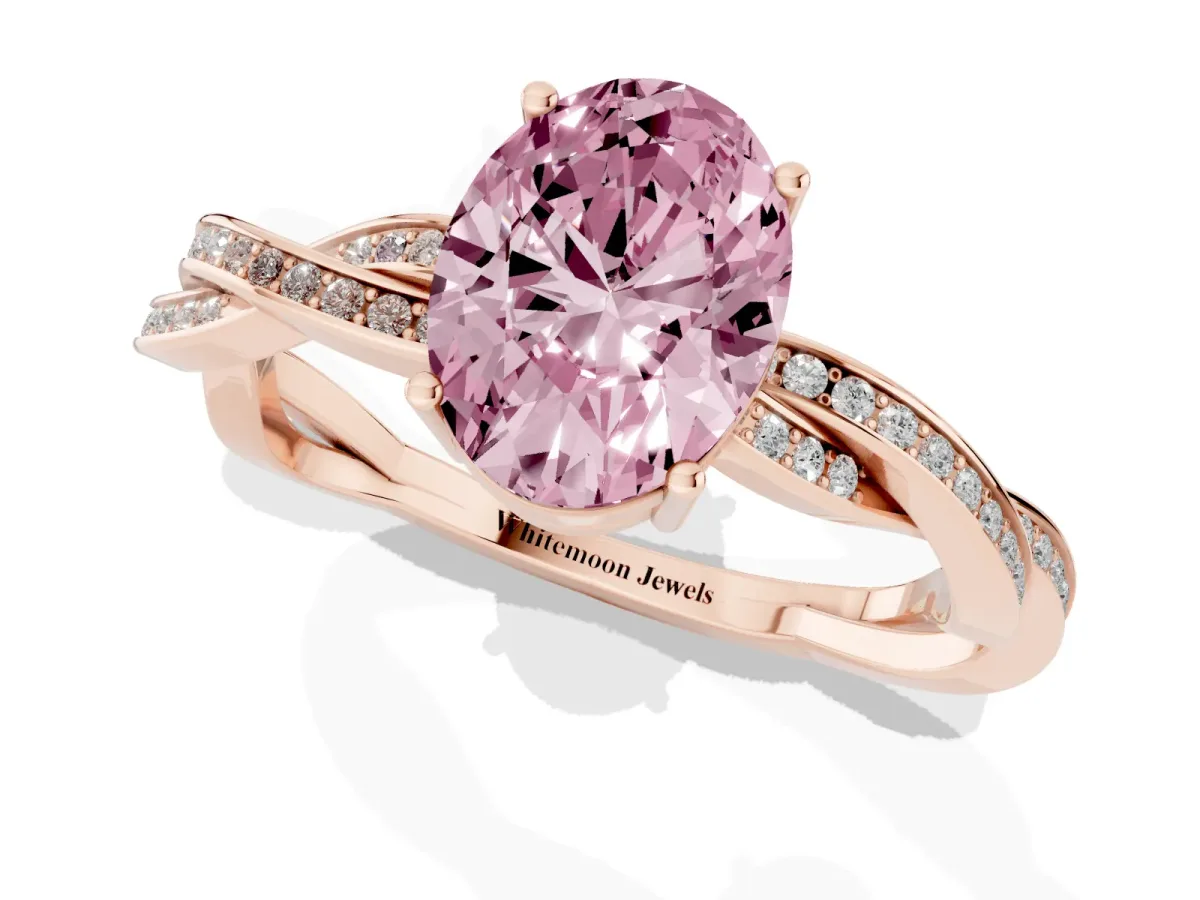 Fancy Pink Oval Cut Solitaire Twisted Pave Diamond Ring with Four-Prong Setting Rose gold