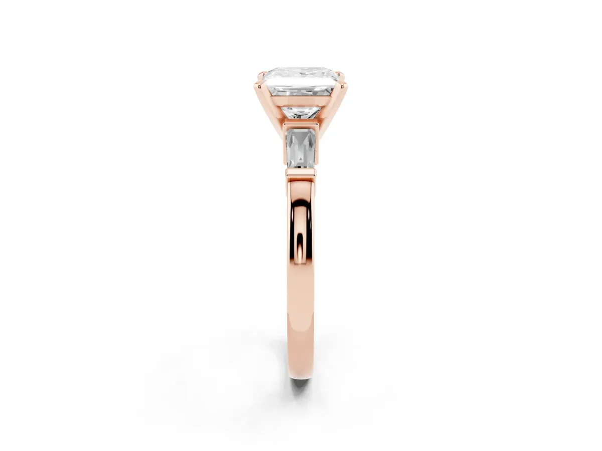 Princess Cut Cut Diamond Solitaire Ring with Tapered Baguette Accents and Four-Prong Setting Rose gold