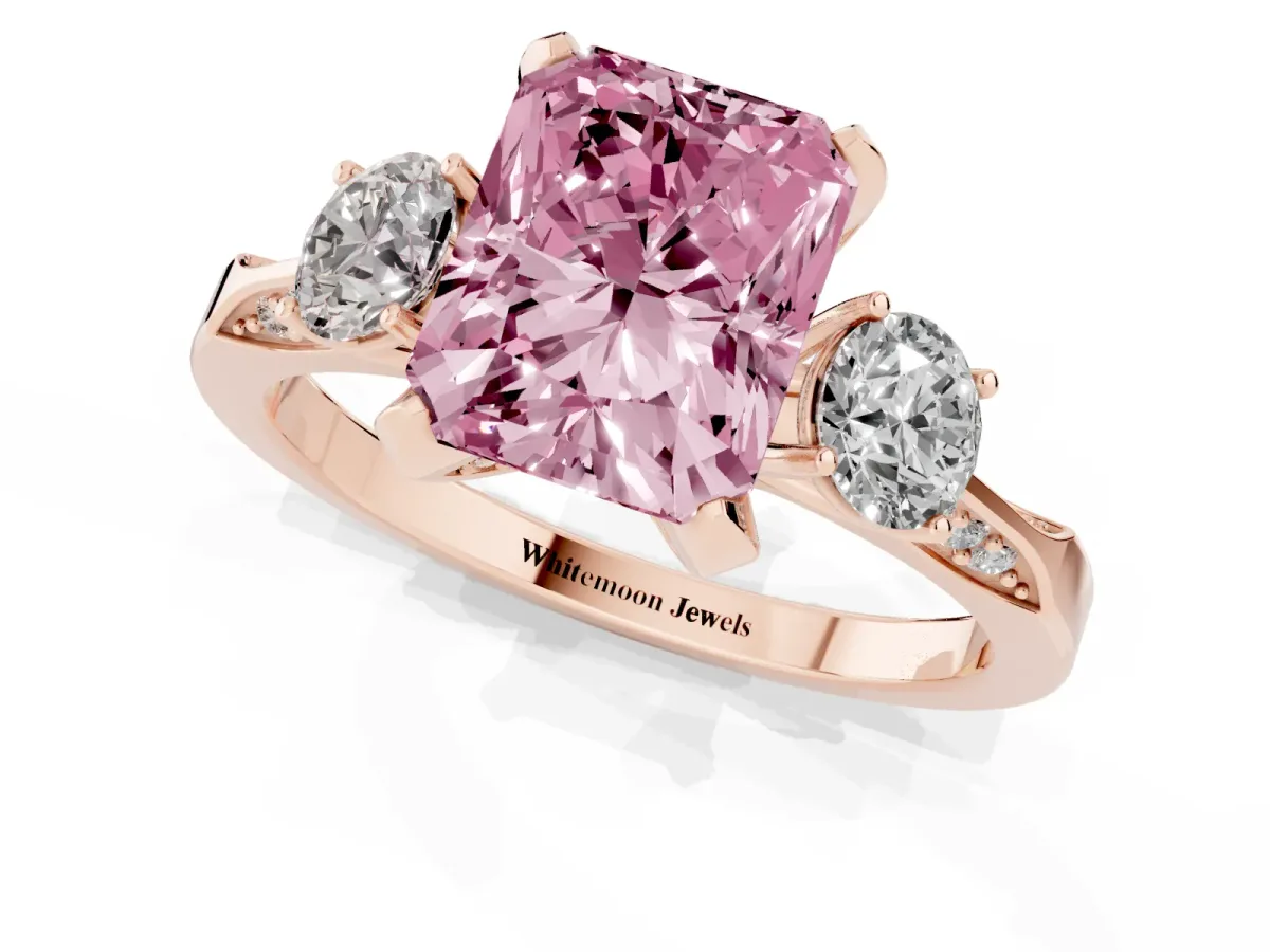 Fancy Pink Radiant Cut Brilliant Three-Stone Diamond Ring with Pavé Band and Four-Prong Setting Rose gold