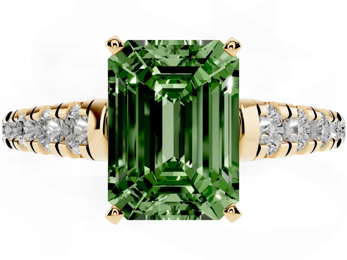 Fancy Green Emerald Cut Diamond Cathedral Solitaire Ring with Round Pavé Band Yellow gold