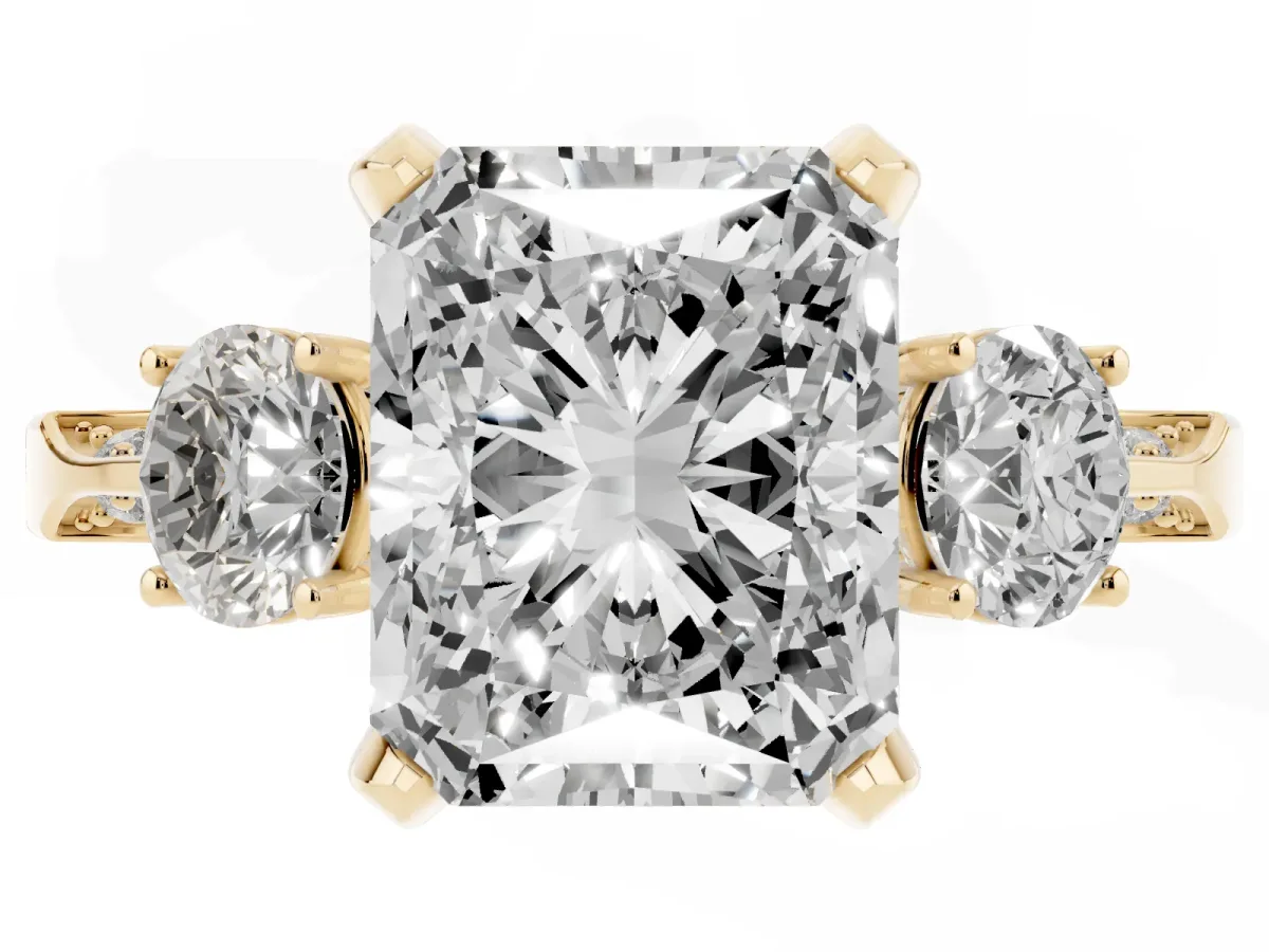 Radiant Cut Brilliant Three-Stone Diamond Ring with Pavé Band and Four-Prong Setting Yellow gold