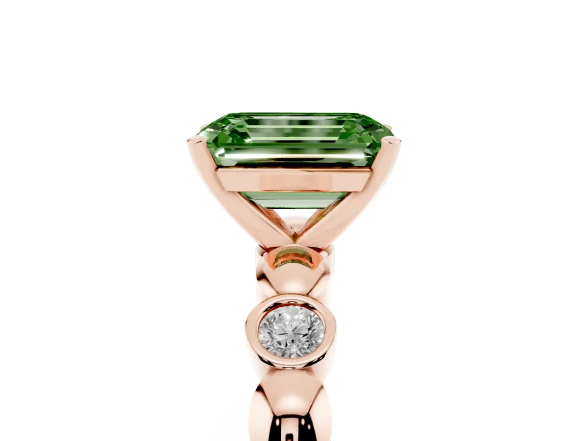 Fancy Green Emerald Cut Solitaire Bezel-Set Diamond Ring with Beaded Band and Four-Prong Setting Rose gold