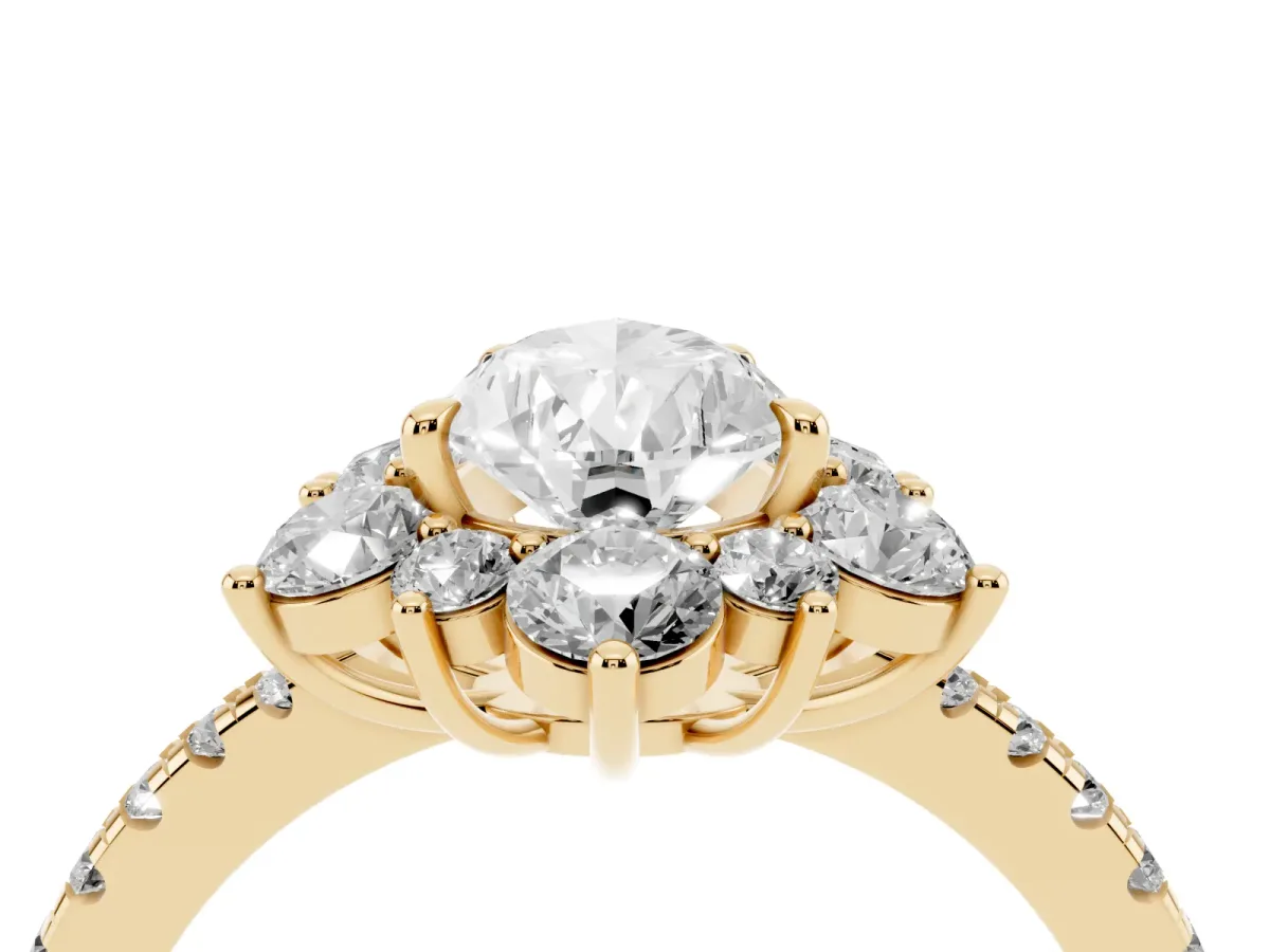 Pear Cut Diamond Floral Halo Ring with Round Pavé Band and Prong Setting Yellow gold
