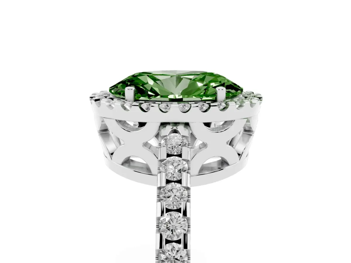 Fancy Green Oval Cut Diamond Halo Engagement Ring with Pavé Band and Prong Setting Platinum