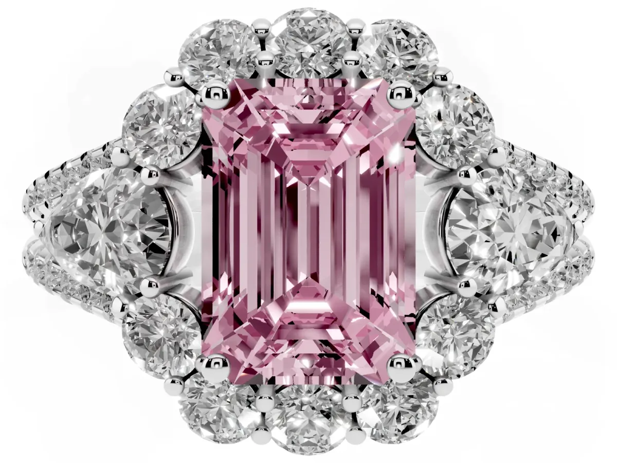 Fancy Pink Emerald Cut Halo Split Shank Diamond Engagement Ring with Prong Setting White gold