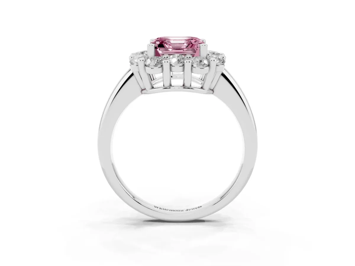 Fancy Pink Asscher Cut Halo Cluster Diamond Engagement Ring with Prong Setting and Polished Band White gold