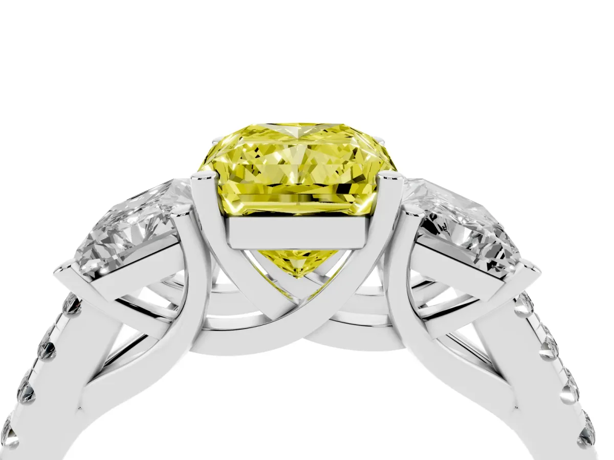 Fancy Yellow Three-Stone Radiant Cut Diamond Ring with Round Pavé Band and Prong Setting Silver