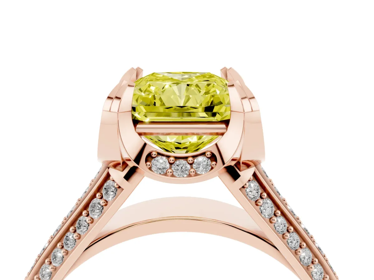 Fancy Yellow Radiant Cut Solitaire Pave Split Shank Ring with Four-Prong Setting Rose gold