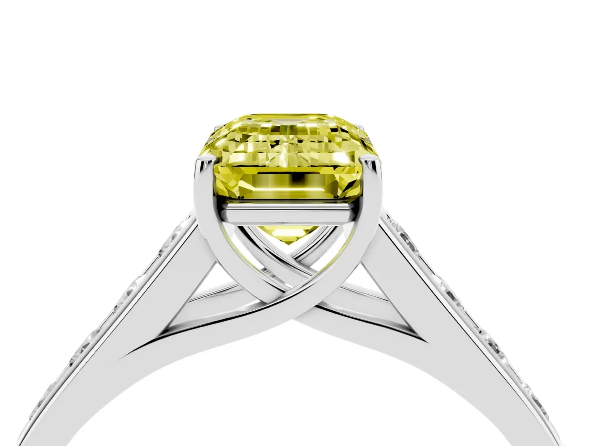 Fancy Yellow Emerald Cut Solitaire Channel-Set Diamond Engagement Ring with Four-Prong Setting Silver