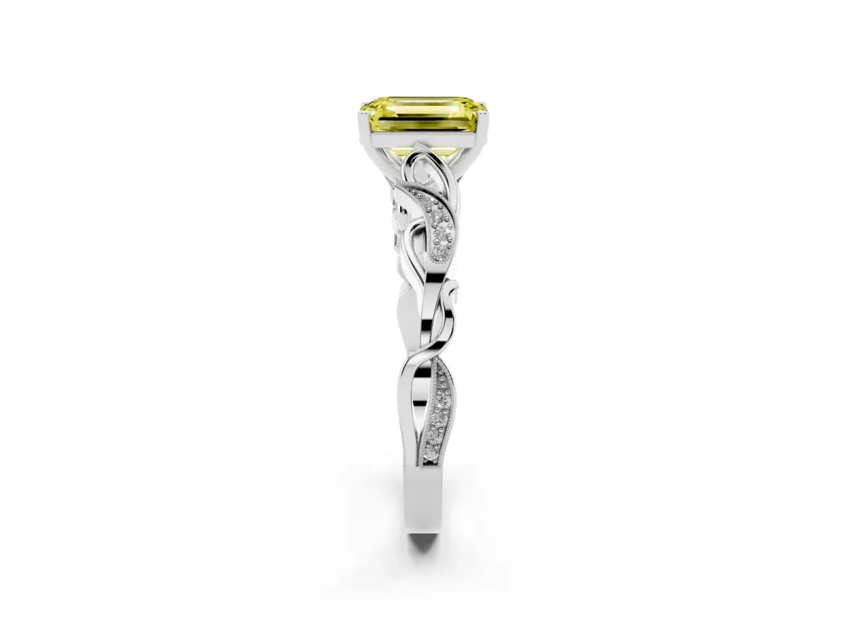 Fancy Yellow Emerald Cut Solitaire Vine Band with Milgrain Prong Setting White gold