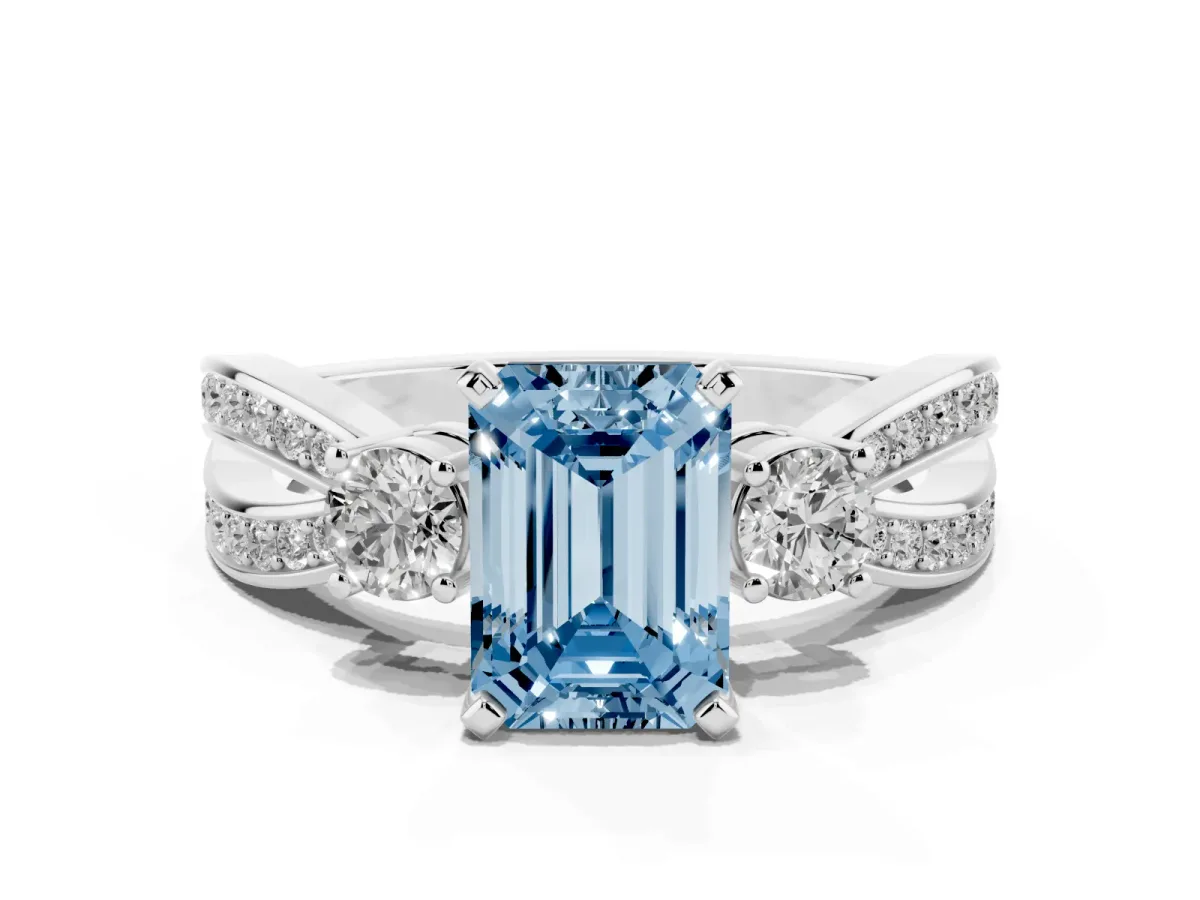 Fancy Blue Three-Stone Emerald Cut Cut Diamond Twist Band with Prong Setting Platinum